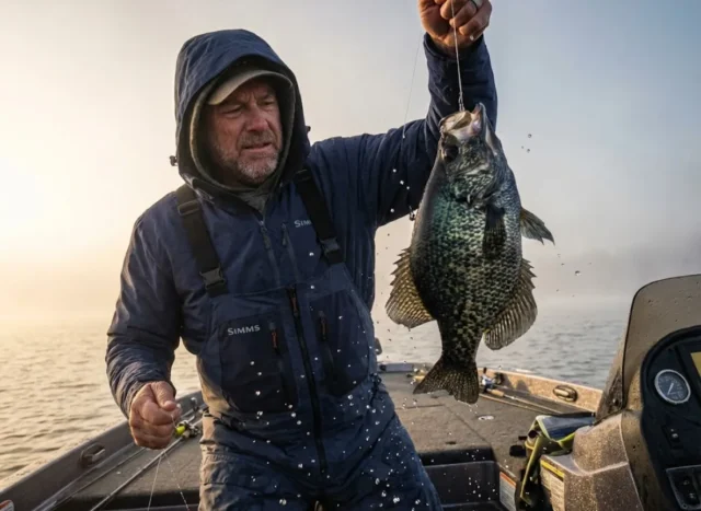 crappie-fishing-precision-guide-main An angler lifting a large black crappie from the water during a foggy sunrise on a calm lake.
