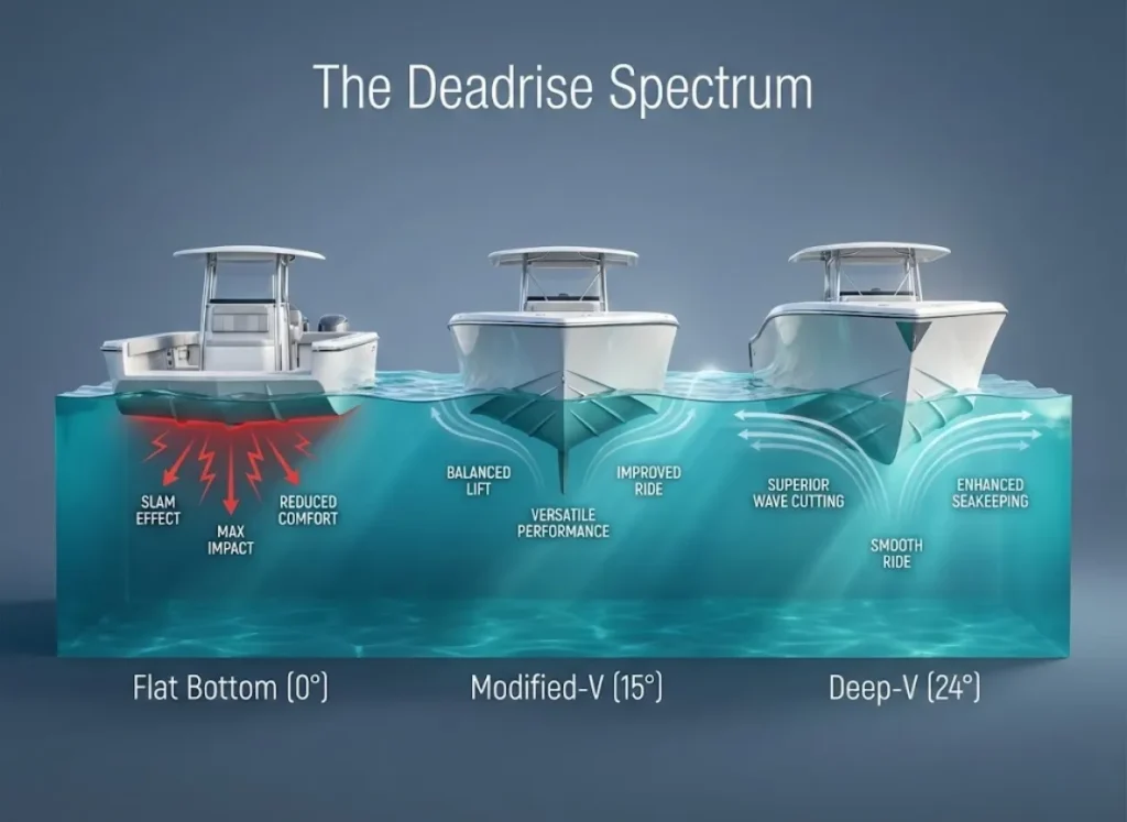 A 3D cross-section infographic comparing Flat Bottom, Modified-V, and Deep-V boat hulls, illustrating deadrise angles and water displacement physics in a photorealistic vector style.