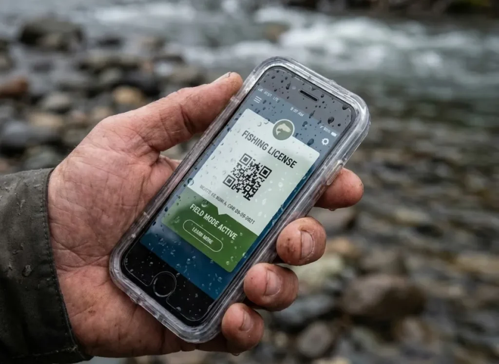 Close-up of an angler's hand holding a waterproof smartphone displaying a digital fishing license app near a river.