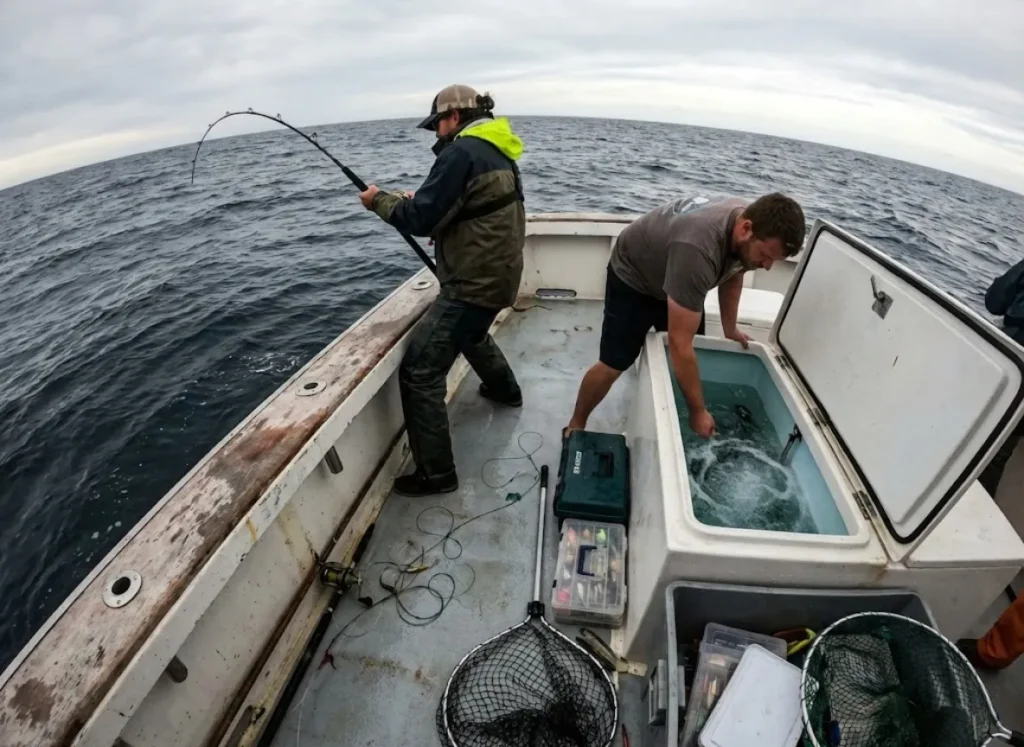 Anglers in action on a boat deck, utilizing the gunwales and livewell layout during a fish fight.