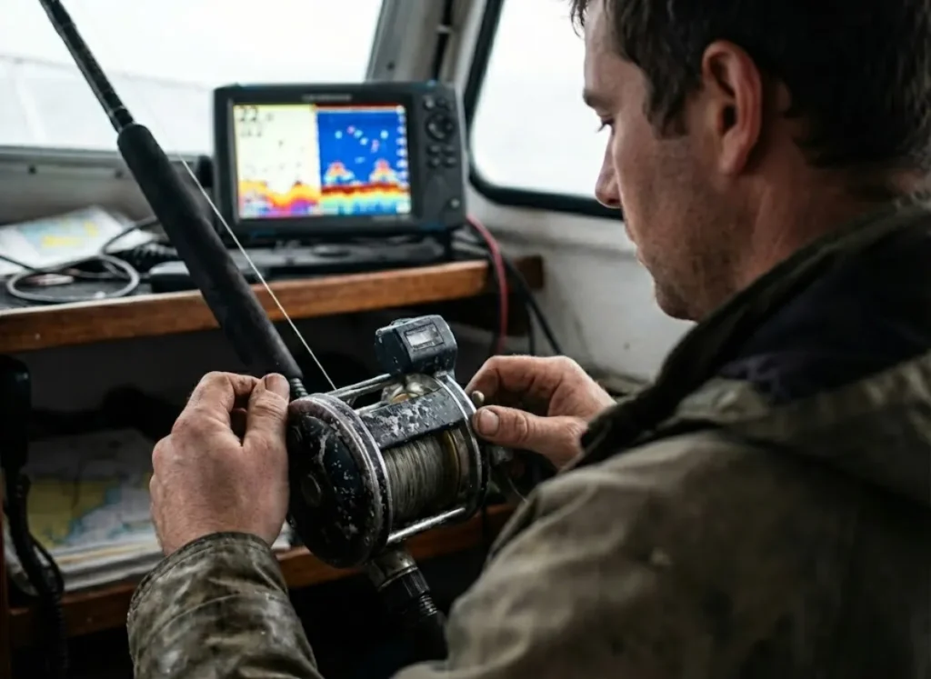 An angler's hand adjusting a line counter fishing reel with a fish finder screen visible in the background.