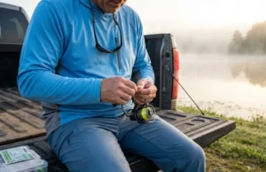 What Gear To Start Fishing: The Essential Beginner Checklist Angler sitting on a truck tailgate at sunrise preparing a spinning rod and reel for a fishing trip.