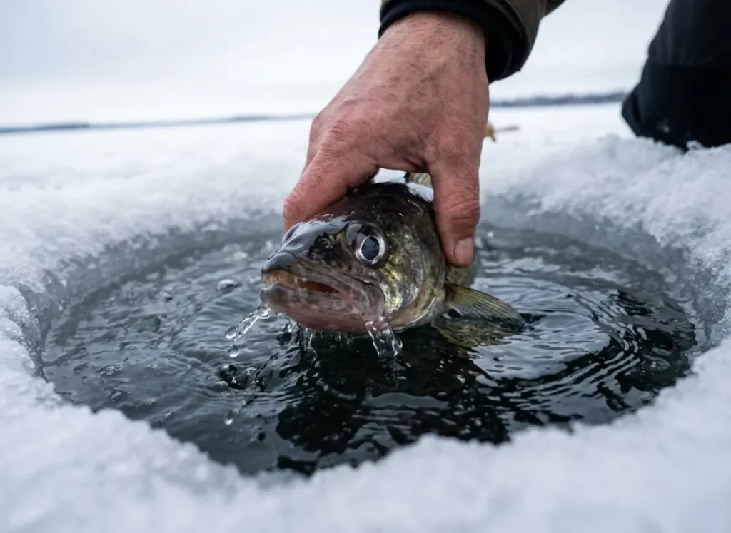 A close-up of an angler's bare hand gently releasing a fish back into an ice hole to prevent freezing injury.