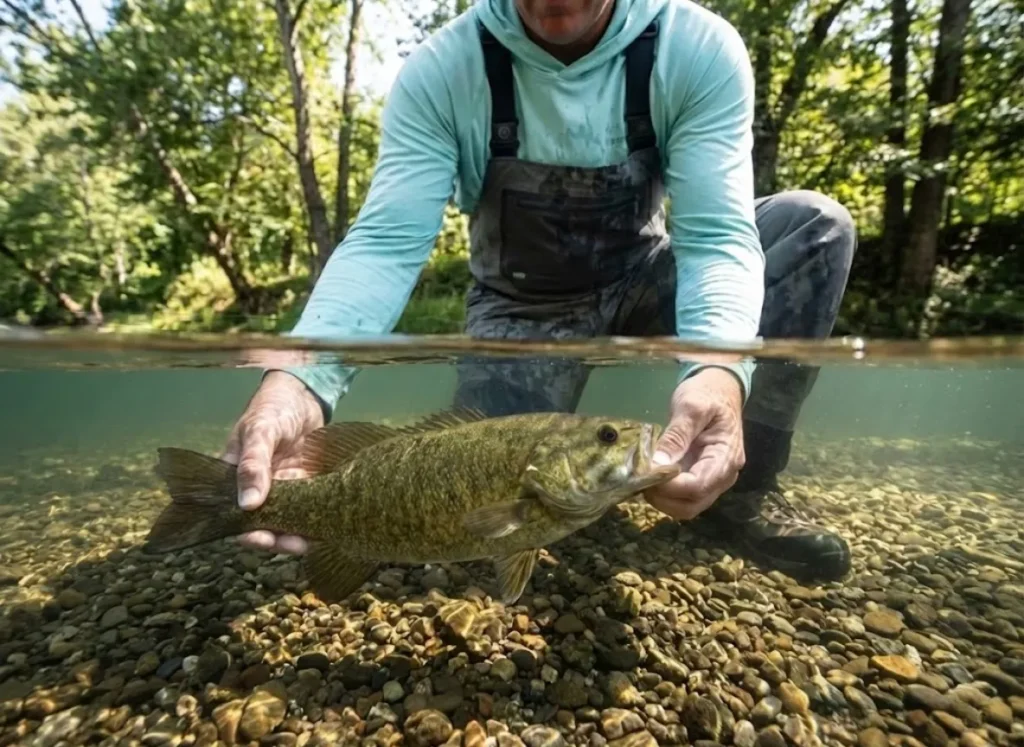 A split-shot underwater photo showing an angler's hands gently releasing a fish back into a clear river over a gravel bed.