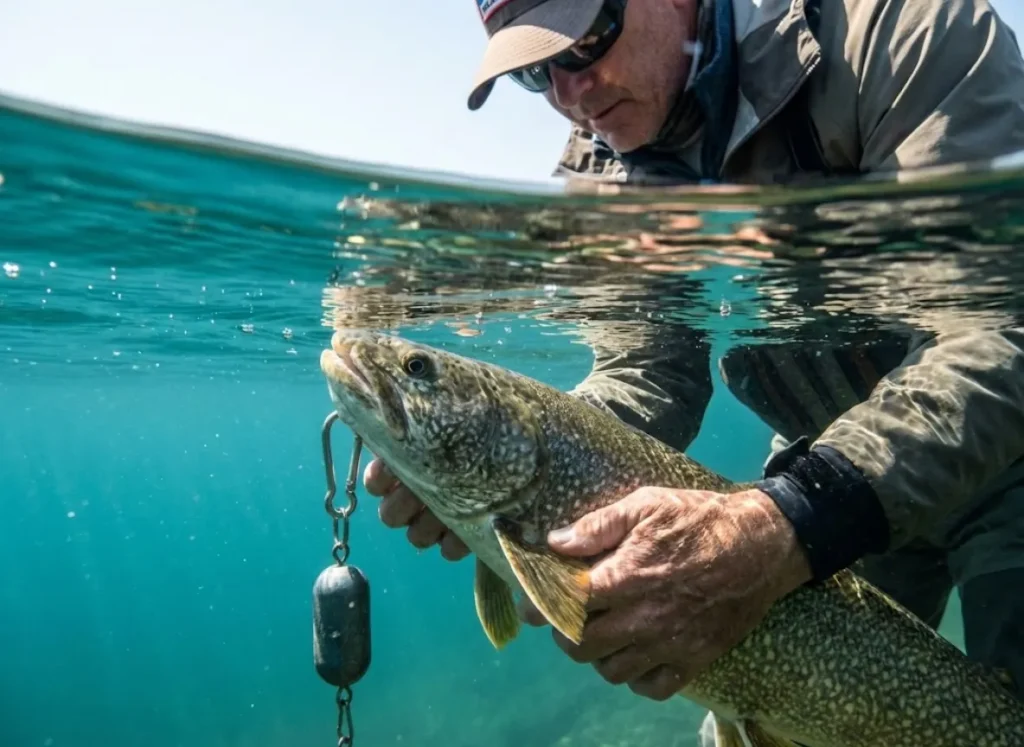 An angler releasing a deep-water fish using a descending device to prevent barotrauma.
