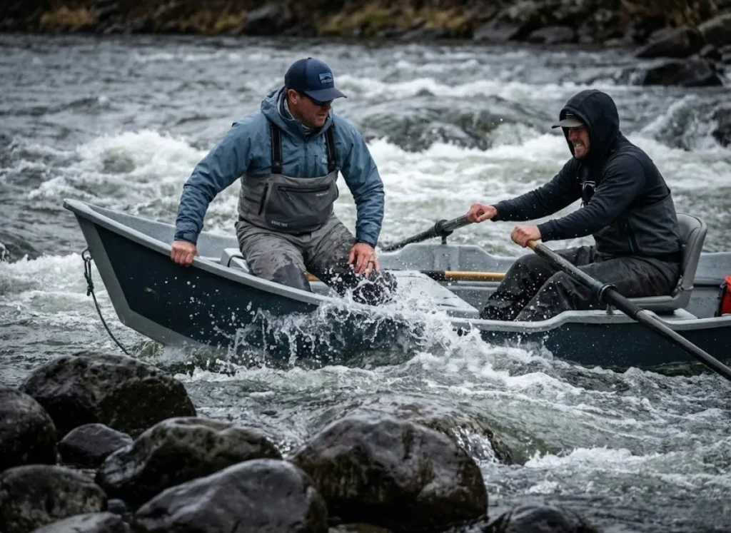A drift boat rowing through turbulent whitewater rapids on a rocky river.