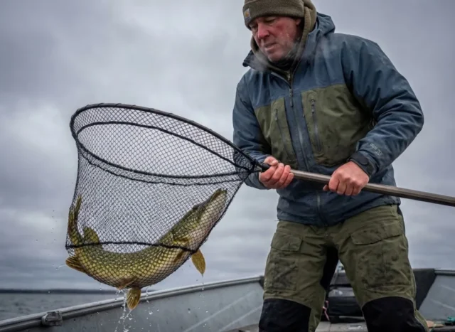 fall-pike-fishing-net-landing Angler in cold weather gear lifting a large northern pike in a net on a gloomy autumn day.