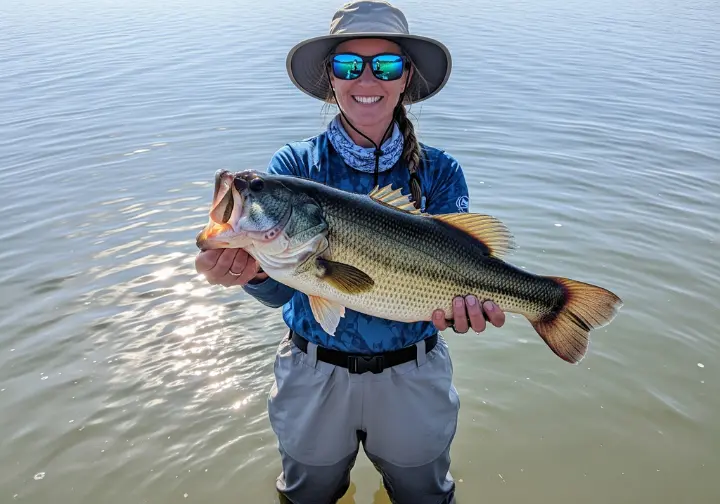 A woman in a full-body shot stands in a lake, smiling proudly as she holds a large bass, while wearing a sun hat and polarized sunglasses.
