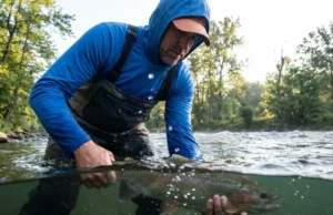 Fish Conservation for Anglers: Gear & Tactics An angler releasing a wild trout back into the river, viewed from the water level with water droplets splashing.