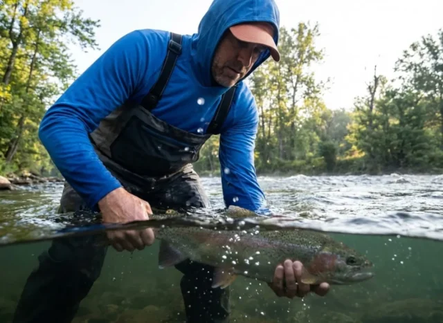 fish-conservation-release An angler releasing a wild trout back into the river, viewed from the water level with water droplets splashing.
