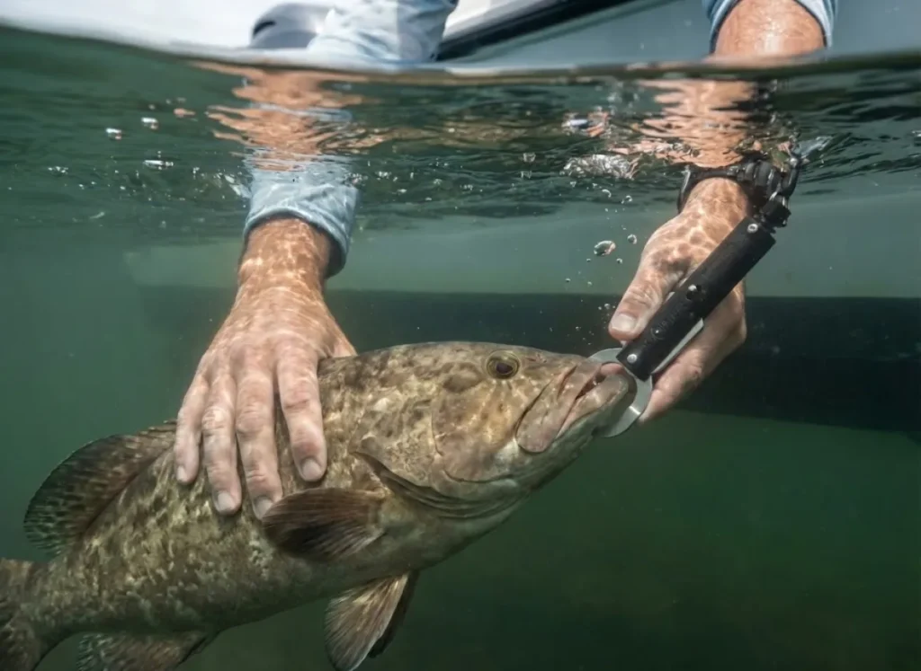 An angler releasing a deep-water fish using a descending device to prevent barotrauma.