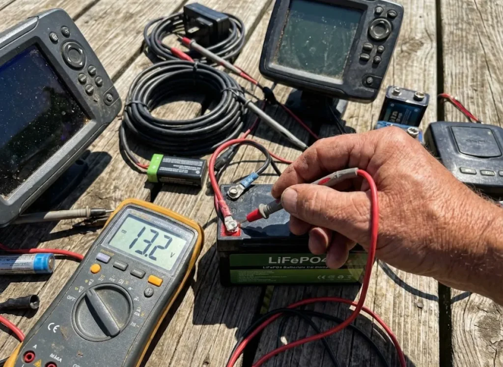 A field testing setup showing multiple fish finders, lithium batteries, and a multimeter on a wooden surface.
