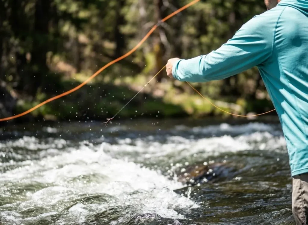 Fishing line casting toward the seam between fast current and slack water.