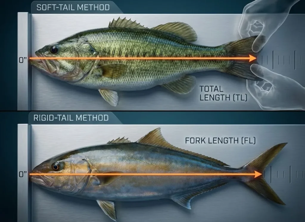 A split-screen educational illustration comparing fish measurement methods. The top section shows a Bass on a bump board with the tail pinched, labeled "Total Length (TL)". The bottom section shows an Amberjack with a natural tail, measuring to the fork, labeled "Fork Length (FL)". The style is high-end biological vector-realism.