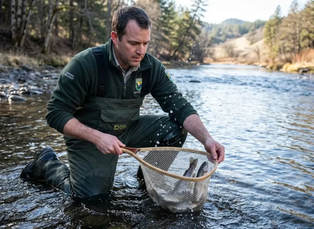 A fisheries biologist releasing hatchery trout into a river, representing conservation efforts funded by fishing licenses.