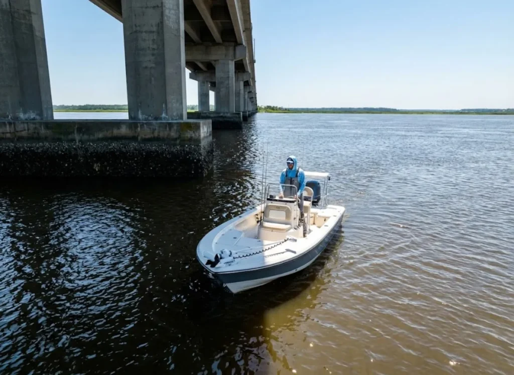A fishing boat navigating near a bridge piling that marks the boundary between state fishing jurisdictions.