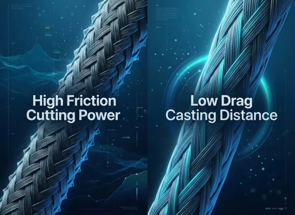 A split-screen microscopic 3D render comparing the rough, saw-tooth texture of a 4-strand fishing line against the smooth, cylindrical profile of an 8-strand line, with text labels indicating their functions.