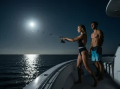 The Science of Fishing by the Moon: A Practical Guide A full-body shot of a young couple on a boat at night, illuminated by a full moon as the woman casts a fishing line into the water.