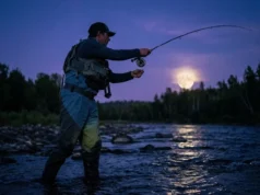Fishing by the Moon: Solunar Theory & Science Explained Angler fly fishing in a river at night silhouetted against a bright full moon.