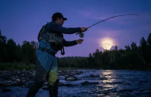Fishing by the Moon: Solunar Theory & Science Explained Angler fly fishing in a river at night silhouetted against a bright full moon.