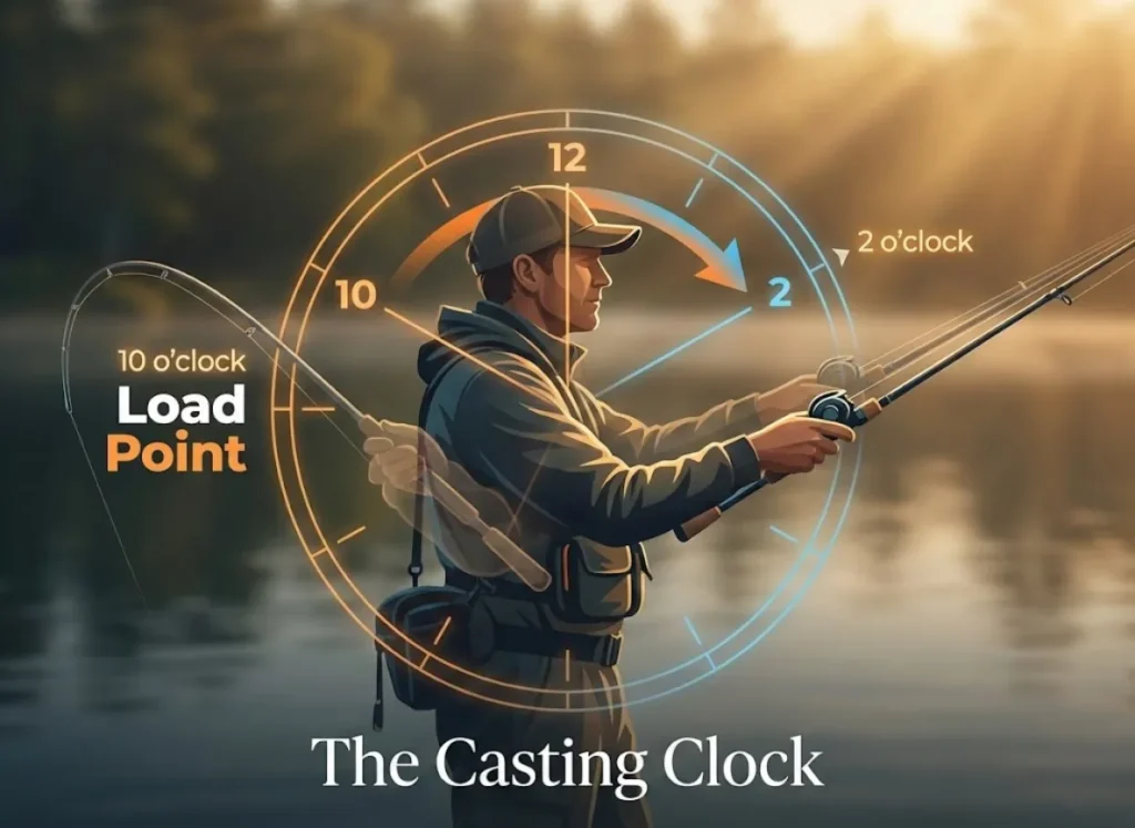 A premium diagrammatic illustration showing a side profile of an angler performing a fishing cast. A stylized clock face overlay indicates the rod positions: starting at 2 o'clock and loading back to 10 o'clock.