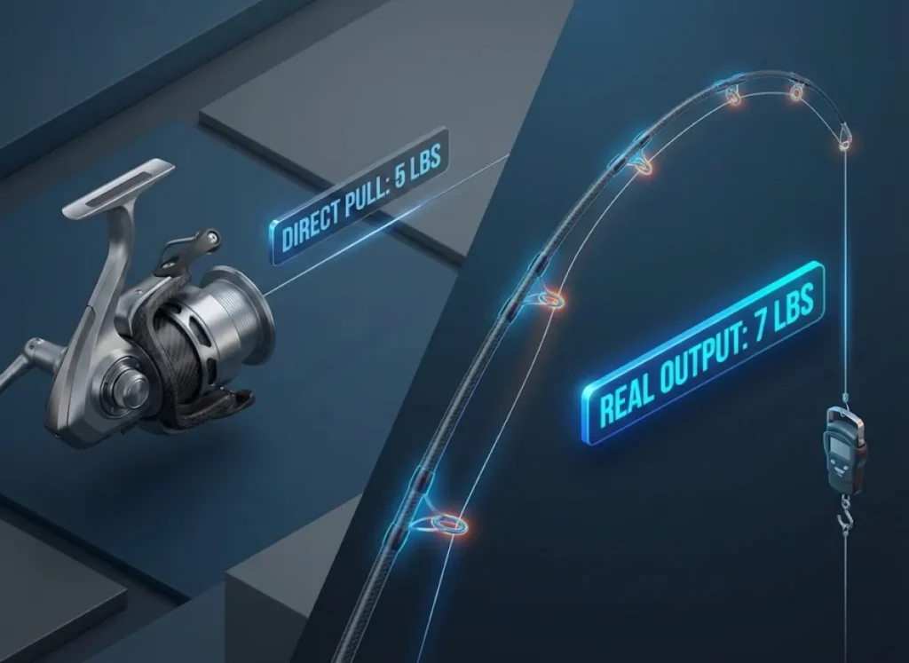 A split-screen technical illustration comparing fishing drag settings. The left side shows a line pulled straight from a reel labeled "Direct Pull: 5 lbs." The right side shows a rod bent at a 45-degree angle with line passing through guides, labeled "Real Output: 7 lbs," visualizing the added friction of the Capstan Effect.