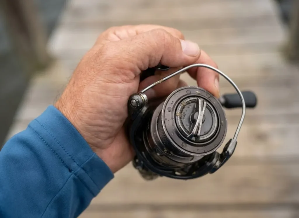 Close-up of an angler's hand inspecting the durability and mechanics of a spinning fishing reel.