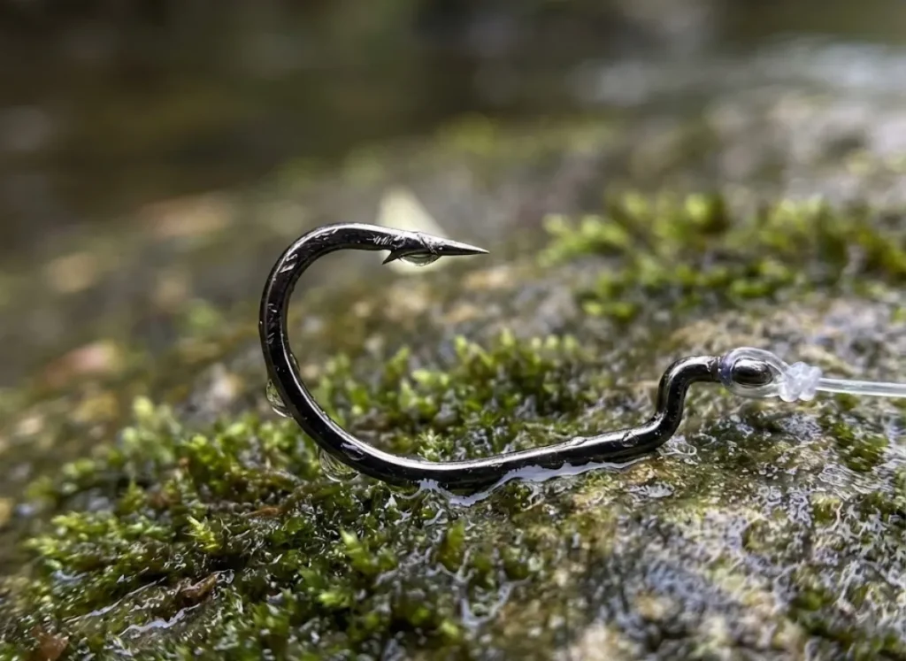 Macro shot of a fishing hook focusing on the wide gap between the point and the shank.