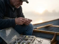 Fishing Hook Sizes Explained: Bait & Species Cheat Sheet Close-up of an angler holding a fishing hook between their fingers with a tackle box in the foreground.
