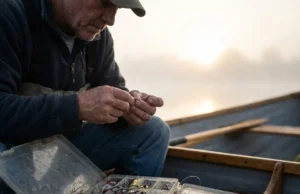 Fishing Hook Sizes Explained: Bait & Species Cheat Sheet Close-up of an angler holding a fishing hook between their fingers with a tackle box in the foreground.