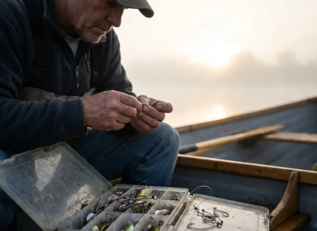 fishing-hook-sizes-explained-cheat-sheet Close-up of an angler holding a fishing hook between their fingers with a tackle box in the foreground.
