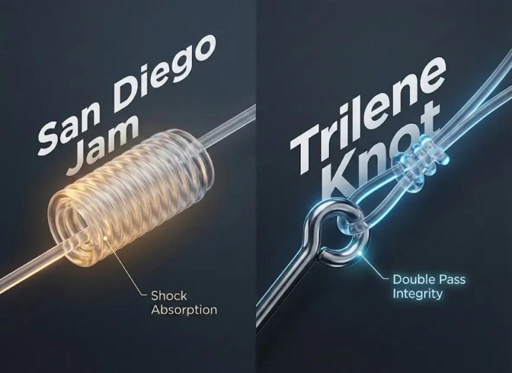 A split-screen 3D technical illustration comparing the San Diego Jam Knot and the Trilene Knot. The macro view highlights the "cylinder of friction" on the San Diego Jam and the double-loop eyelet connection of the Trilene, rendered in high-definition fluorocarbon line.