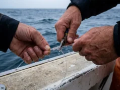 How to Tie Fishing Knots: The Definitive Field Guide Close-up of angler's wet hands tightening a fishing knot on a boat with choppy water in background.