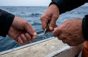 How to Tie Fishing Knots: The Definitive Field Guide Close-up of angler's wet hands tightening a fishing knot on a boat with choppy water in background.