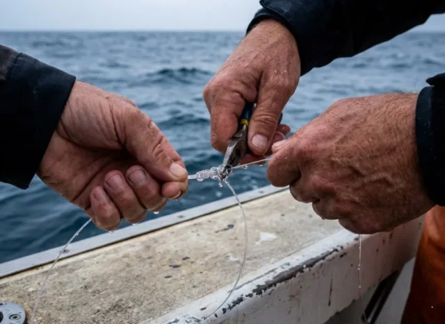 fishing-knot-tying-technique-guide Close-up of angler's wet hands tightening a fishing knot on a boat with choppy water in background.