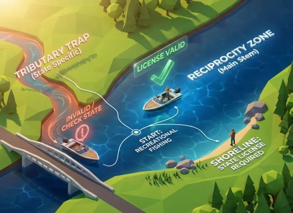 A high-fidelity 3D isometric infographic illustrating fishing license reciprocity rules on a river. The scene shows a main river channel labeled "Reciprocity Zone" and a branching creek labeled "Tributary Trap." A boat in the main channel is marked "Valid," while a boat drifting into the creek is marked "Invalid." Floating UI elements display a decision tree flow regarding boat position versus shoreline fishing.