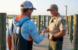 Understanding Fishing Licenses: Costs, Rules & Apps A game warden checking an angler's digital fishing license on a smartphone at a boat ramp during sunrise.