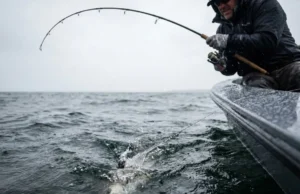 Braid vs Fluoro vs Mono: The Ultimate Decision Matrix Close up action shot of tensioned fishing line cutting through water surface during a fight with a fish.