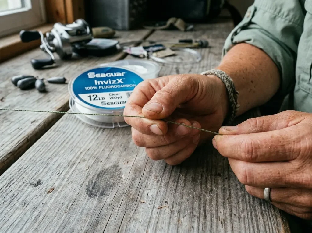 Close-up comparing fluorocarbon, monofilament, and braided fishing line diameter on an angler's fingertips