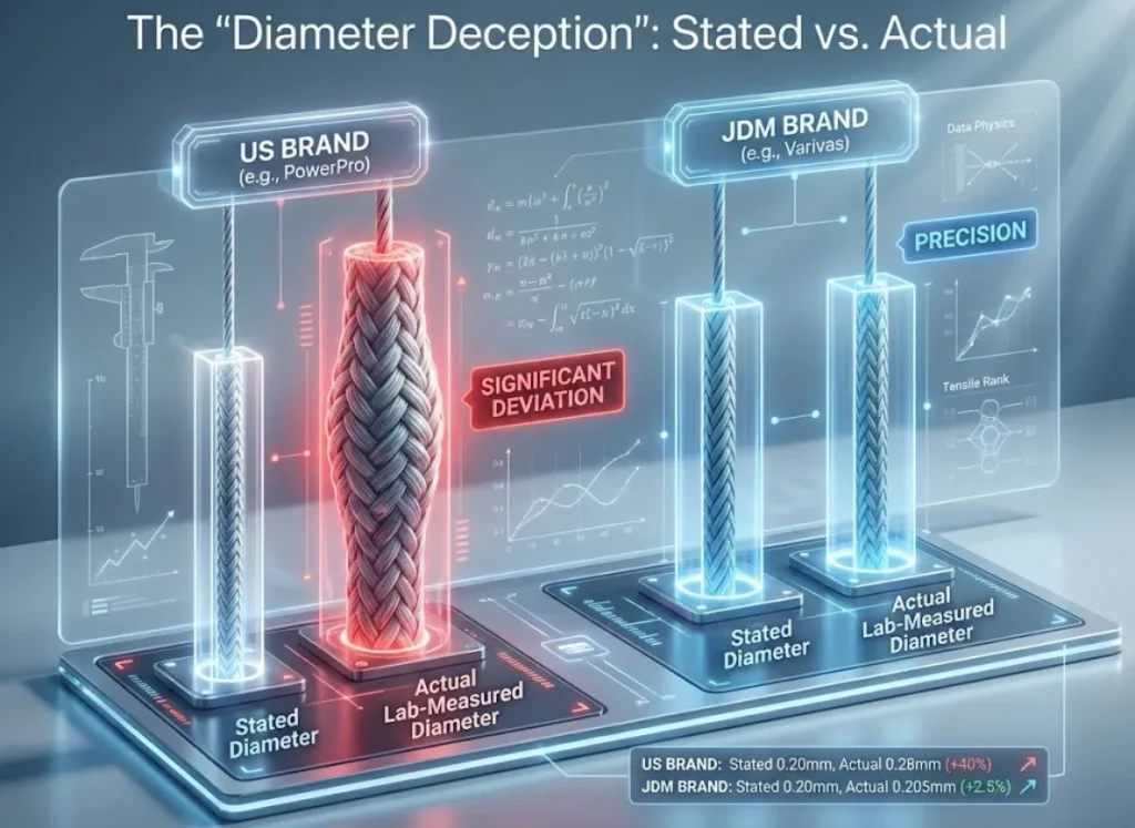 A sophisticated 3D infographic bar chart comparing fishing line diameters. On the left, under "US BRAND (e.g., PowerPro)", a thin bar labeled "Stated Diameter" sits next to a significantly thicker bar labeled "Actual Lab-Measured Diameter" showing a "SIGNIFICANT DEVIATION". On the right, under "JDM BRAND (e.g., Varivas)", two bars labeled "Stated Diameter" and "Actual Lab-Measured Diameter" are nearly identical in thickness, showing accuracy. The title reads 'The "Diameter Deception": Stated vs. Actual'. The style is premium digital art with technical lighting.