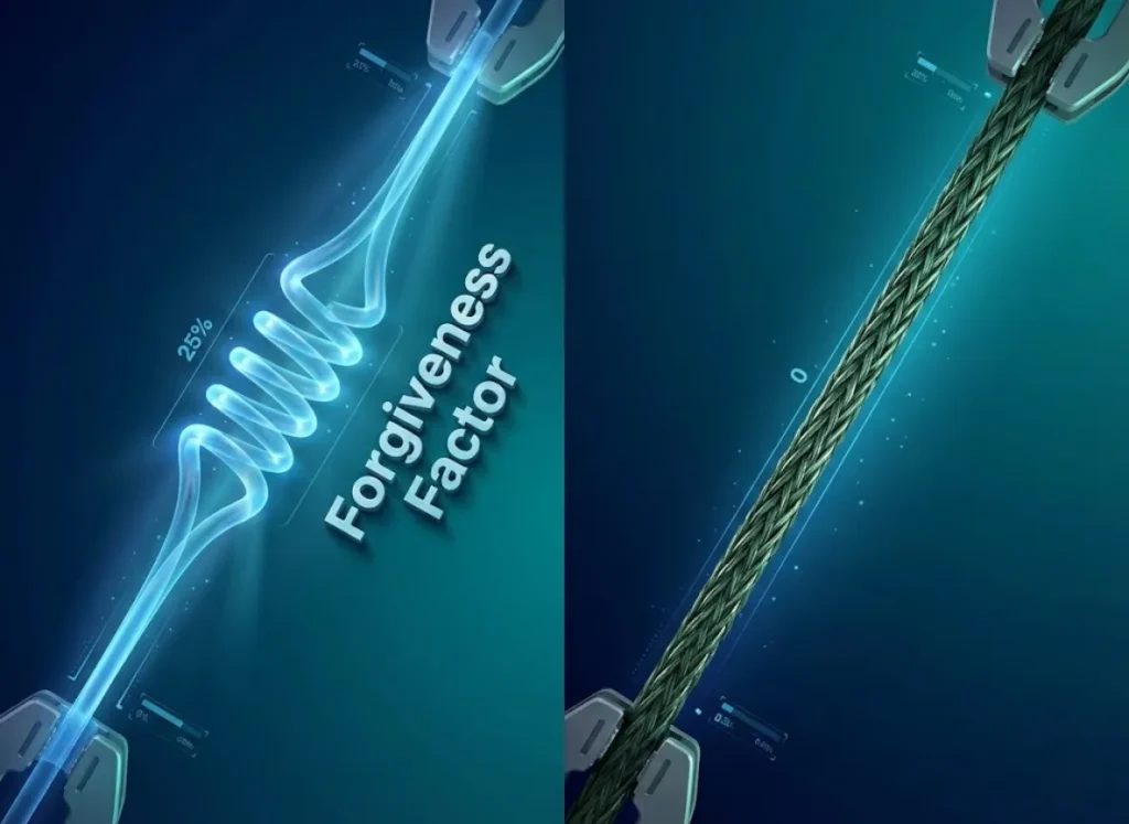 A split-screen macro illustration comparing fishing lines under tension. The left side shows translucent monofilament stretching elastically with the label "Forgiveness Factor," while the right side shows rigid braided line.