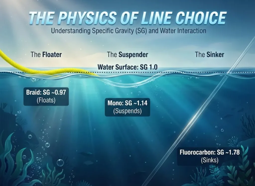 A split-level cross-section diagram of a water column demonstrating the specific gravity of fishing lines. Polyethylene Braid floats on the surface, Nylon Monofilament suspends just below, and Fluorocarbon sinks deeply.