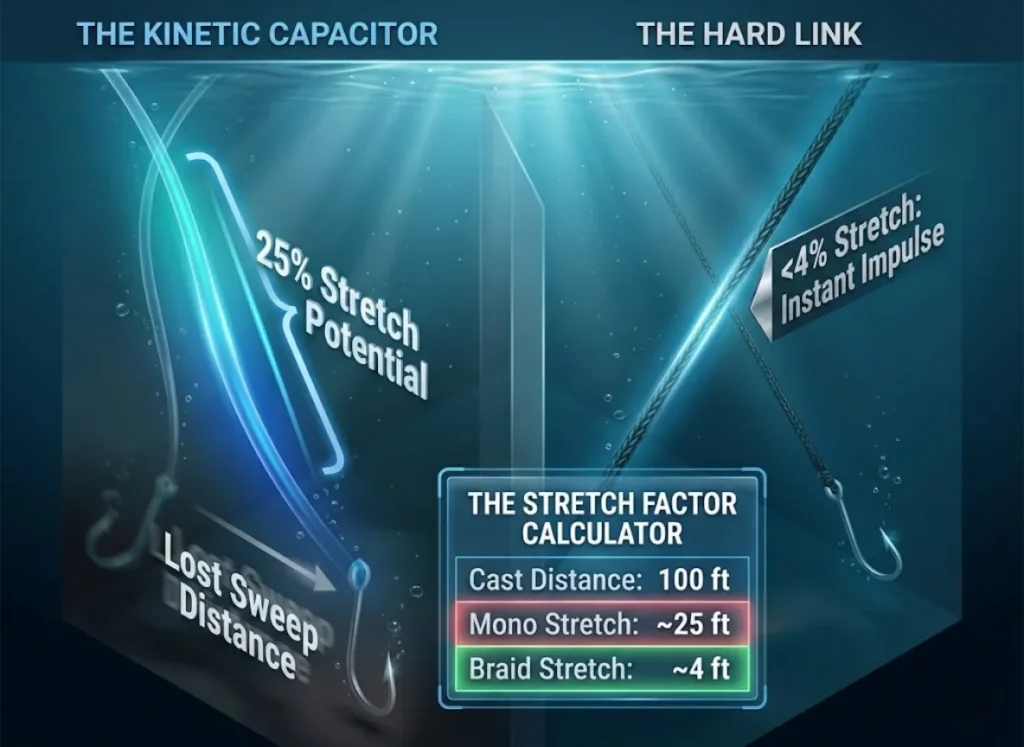 A split-screen 3D infographic illustrating fishing line physics. The left side shows monofilament line stretching with a label 'Lost Sweep Distance', while the right shows braided line as a tight 'Hard Link'. A floating glass data table compares stretch percentages underwater.