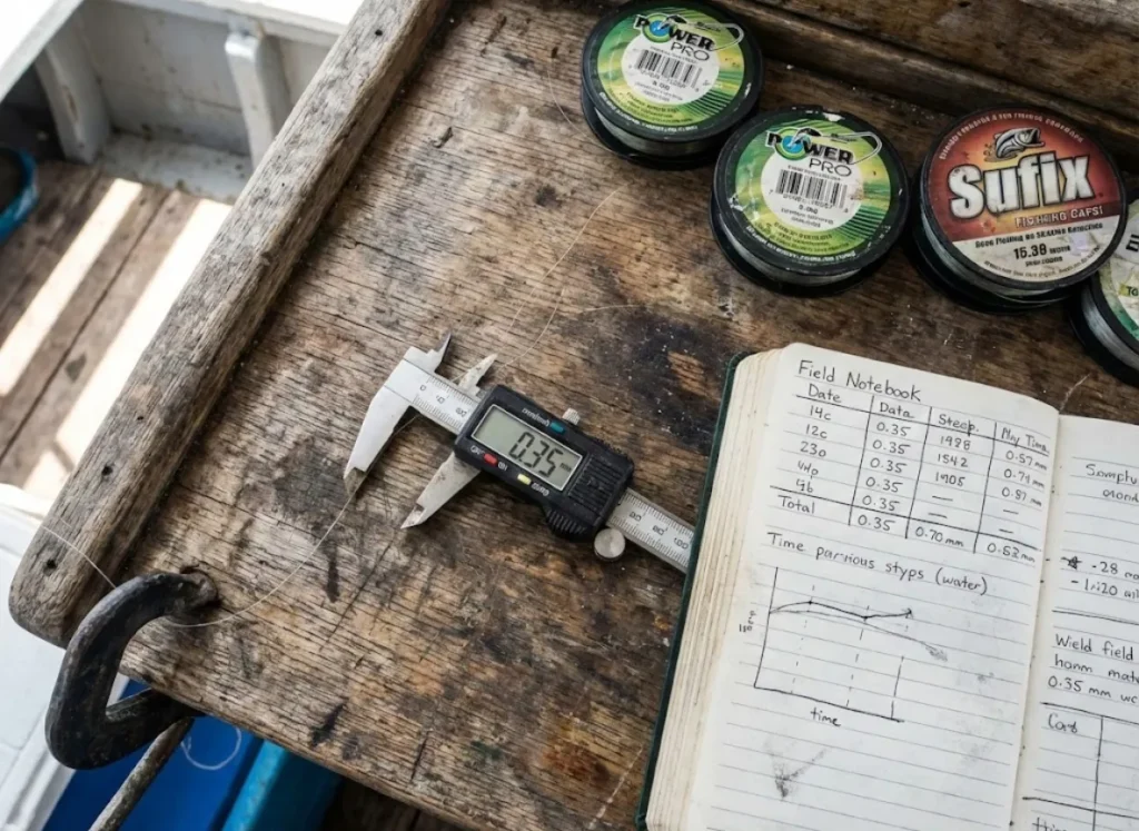 Digital calipers measuring the diameter of fishing line on a wooden workbench with field notes.
