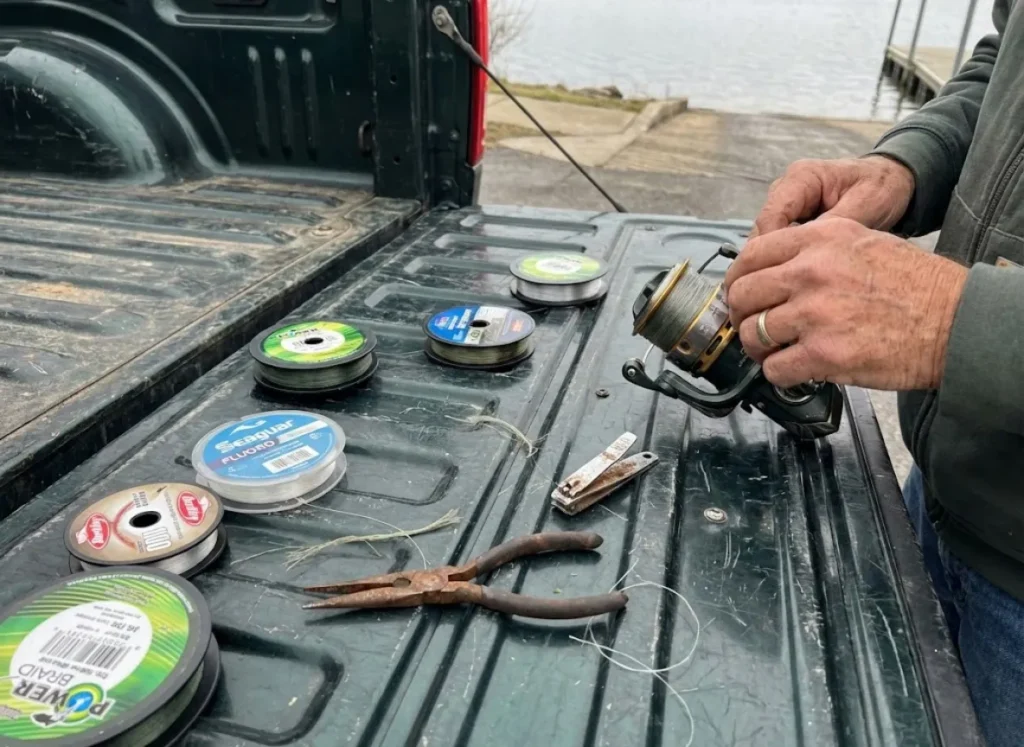 Overhead view of a truck tailgate covered in fishing line spools and tools as an angler spools a reel.