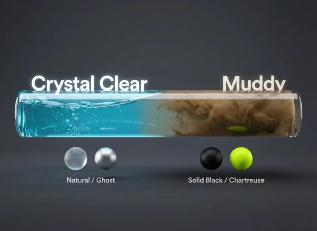 A high-definition, 3D infographic spectrum bar illustrating water visibility. The gradient transitions from crystal clear blue water on the left to opaque muddy brown on the right. Labels recommend "Natural/Ghost" lure colors for clear water and "Solid Black/Chartreuse" for muddy water.