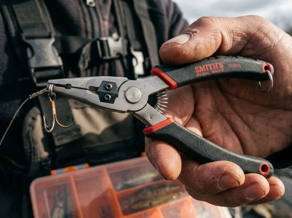 Close-up of a fishing plier's replaceable cutter, spring and lanyard hole showing the features worth paying for