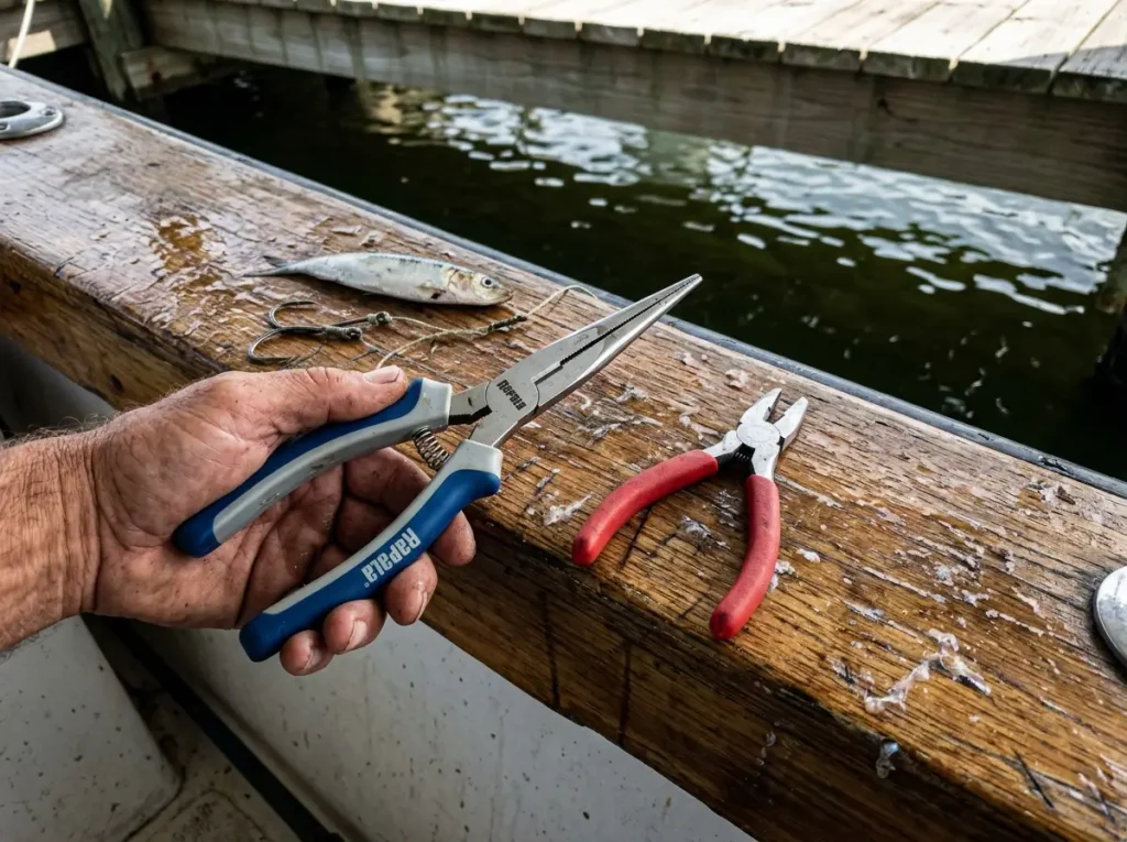 Long 11-inch and short 6-inch fishing pliers side by side showing reach versus leverage for different fish