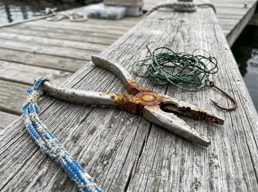 Corroded fishing pliers seized open with a rusted hinge on a weathered dock plank