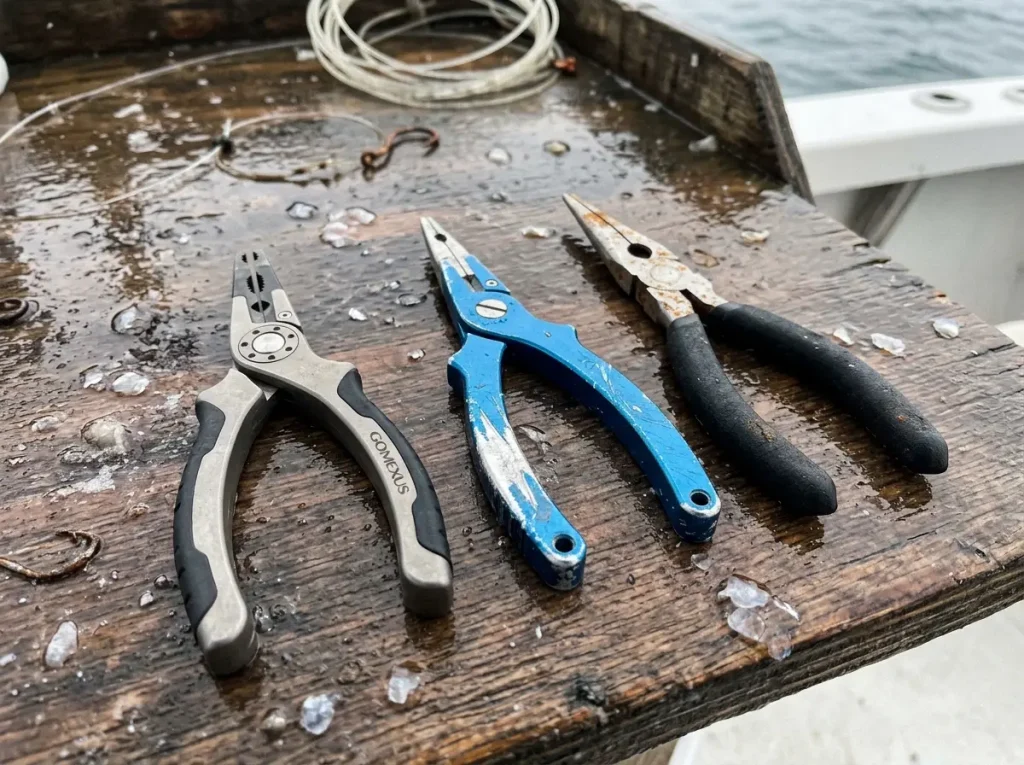 Three fishing pliers in titanium, aluminum and stainless steel laid on a wet bait table for material comparison